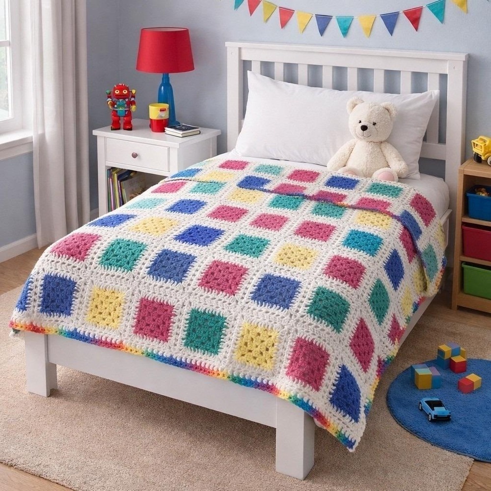 Handmade Crochet Granny Square Blanket White Pink Blue Boho Cottagecore Throw